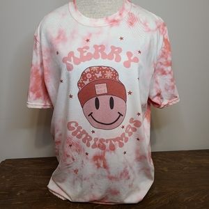 NWT Large Pink Handmaid Bleached Smiley Face Christmas Tee